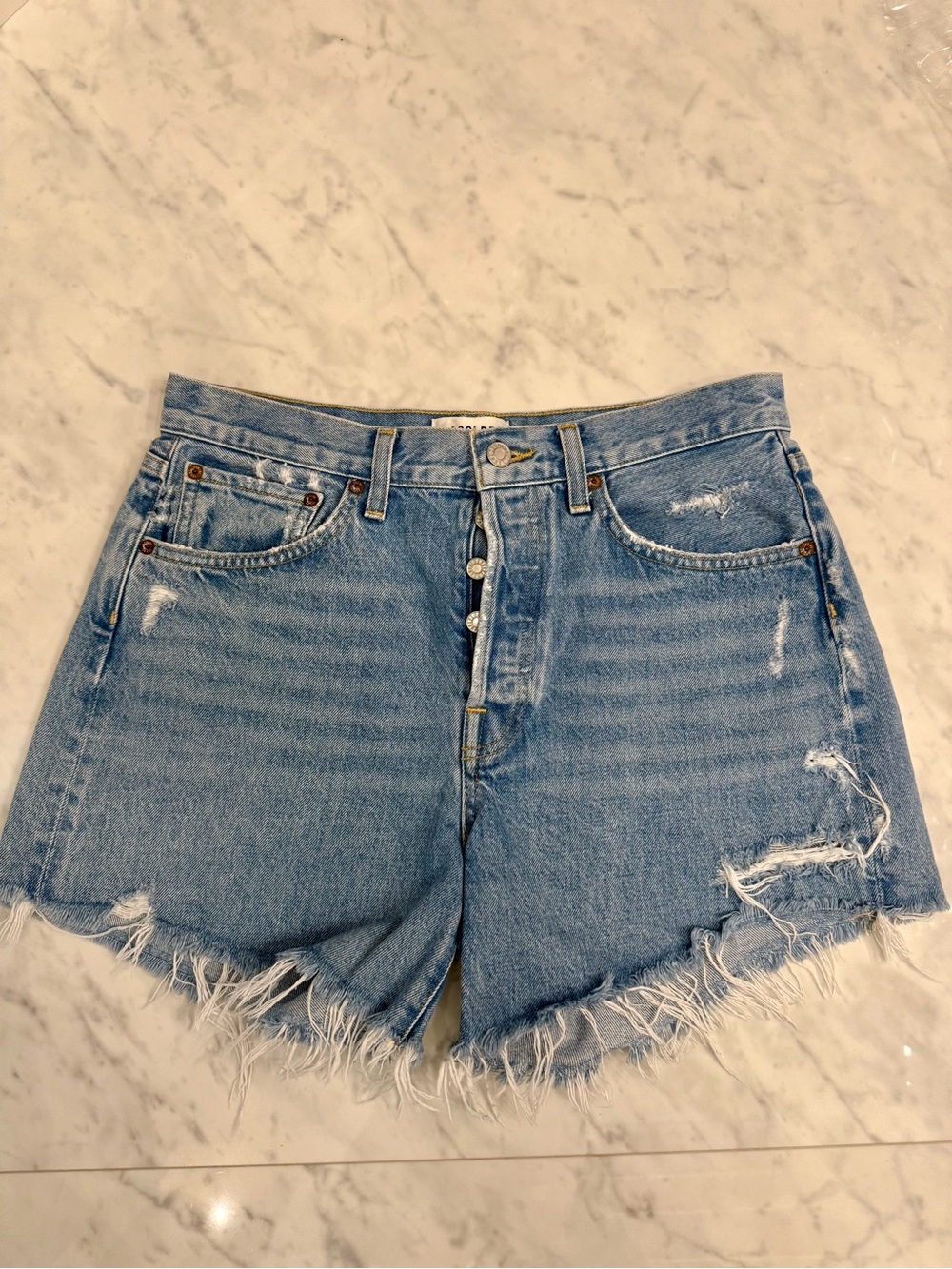 Agolde Light Blue Distressed High-Rise Denim Shorts